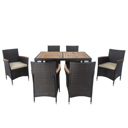 7 piece Outdoor Patio Wicker Dining Set Patio Wicker Furniture Dining Set w/Acacia Wood Top (Brown)-5