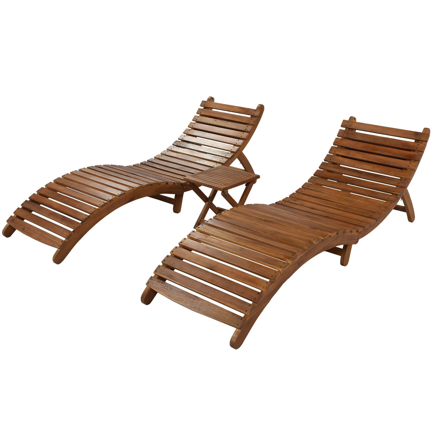 TOPMAX Outdoor Patio Wood Portable Extended Chaise Lounge Set with Foldable Tea Table for Balcony, Poolside, Garden, Brown Finish+Dark Gray Cushion-19