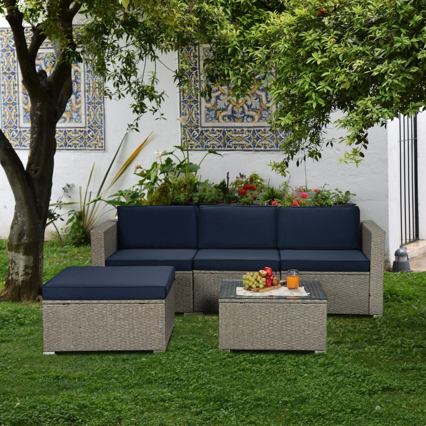 5-Piece Gray Mix Yellow Rattan Wicker Patio Sofa Set (Navy Cushions)-25