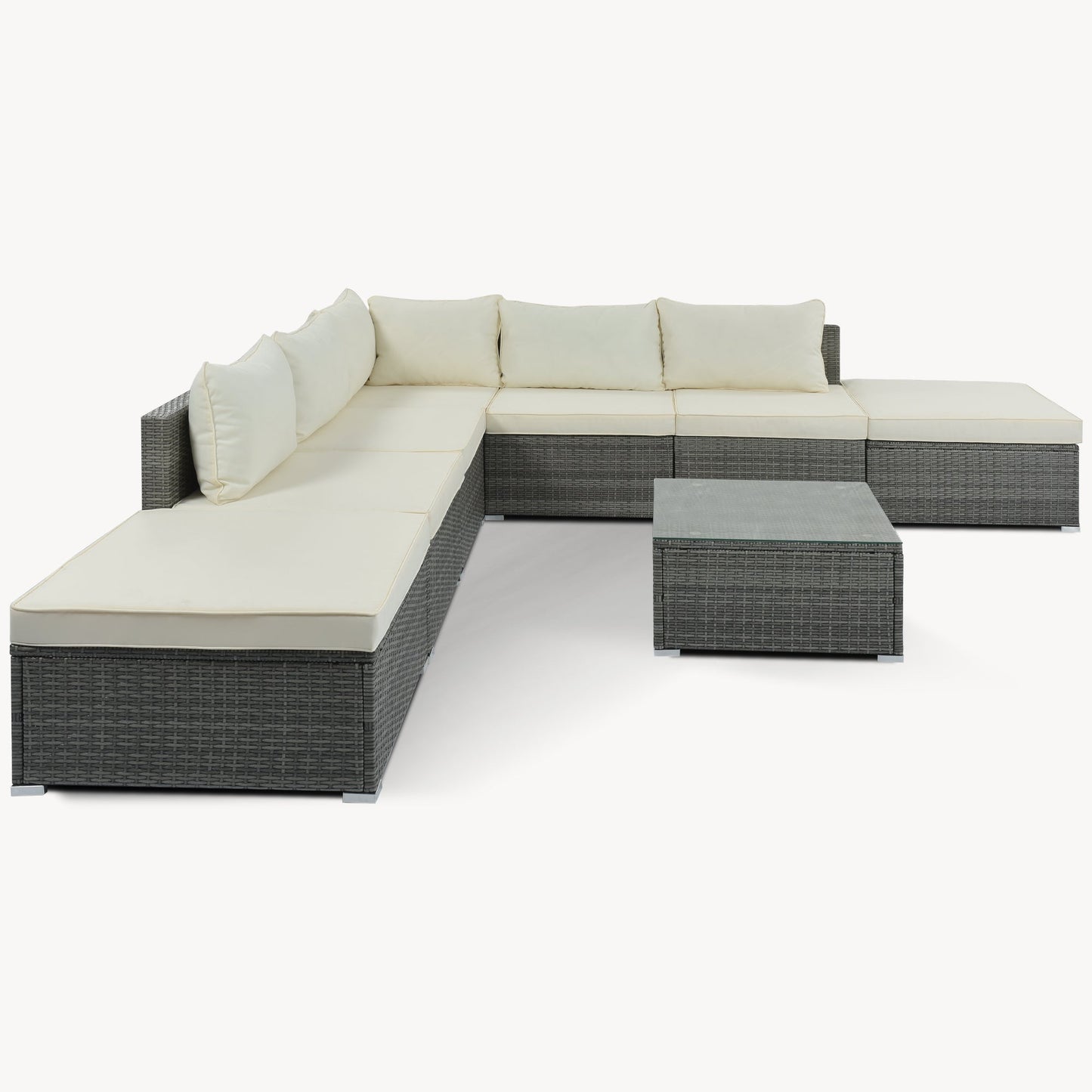 8-Pieces Outdoor Patio Furniture Sets, Garden Conversation Wicker Sofa Set, Single Sofa Combinable, Beige Cushions Gray Wicker-3