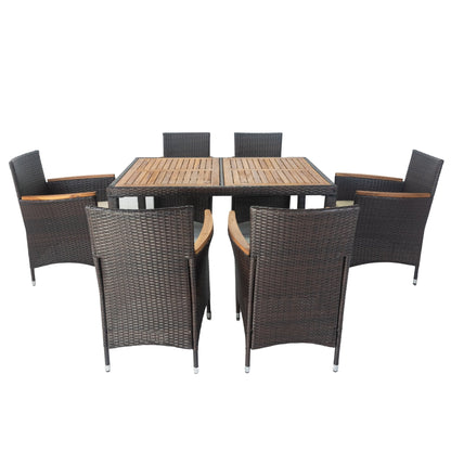 7 piece Outdoor Patio Wicker Dining Set Patio Wicker Furniture Dining Set w/Acacia Wood Top (Brown)-16