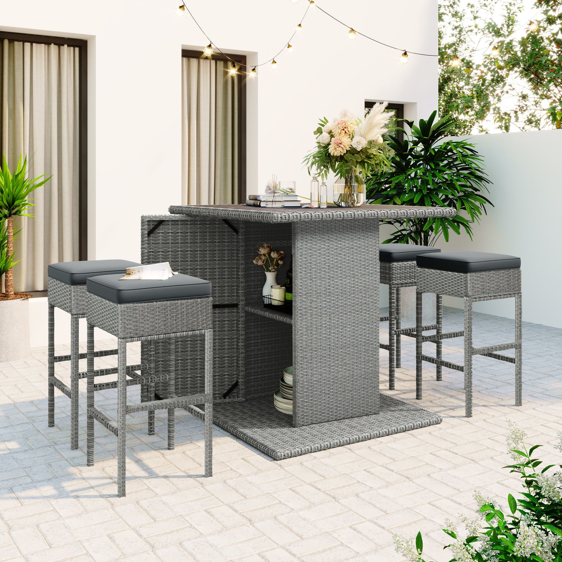 TOPMAX 5-Piece Rattan Dining Table Set with Storage Shelf (Gray)-0