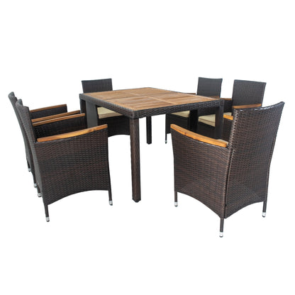 7 piece Outdoor Patio Wicker Dining Set Patio Wicker Furniture Dining Set w/Acacia Wood Top (Brown)-21