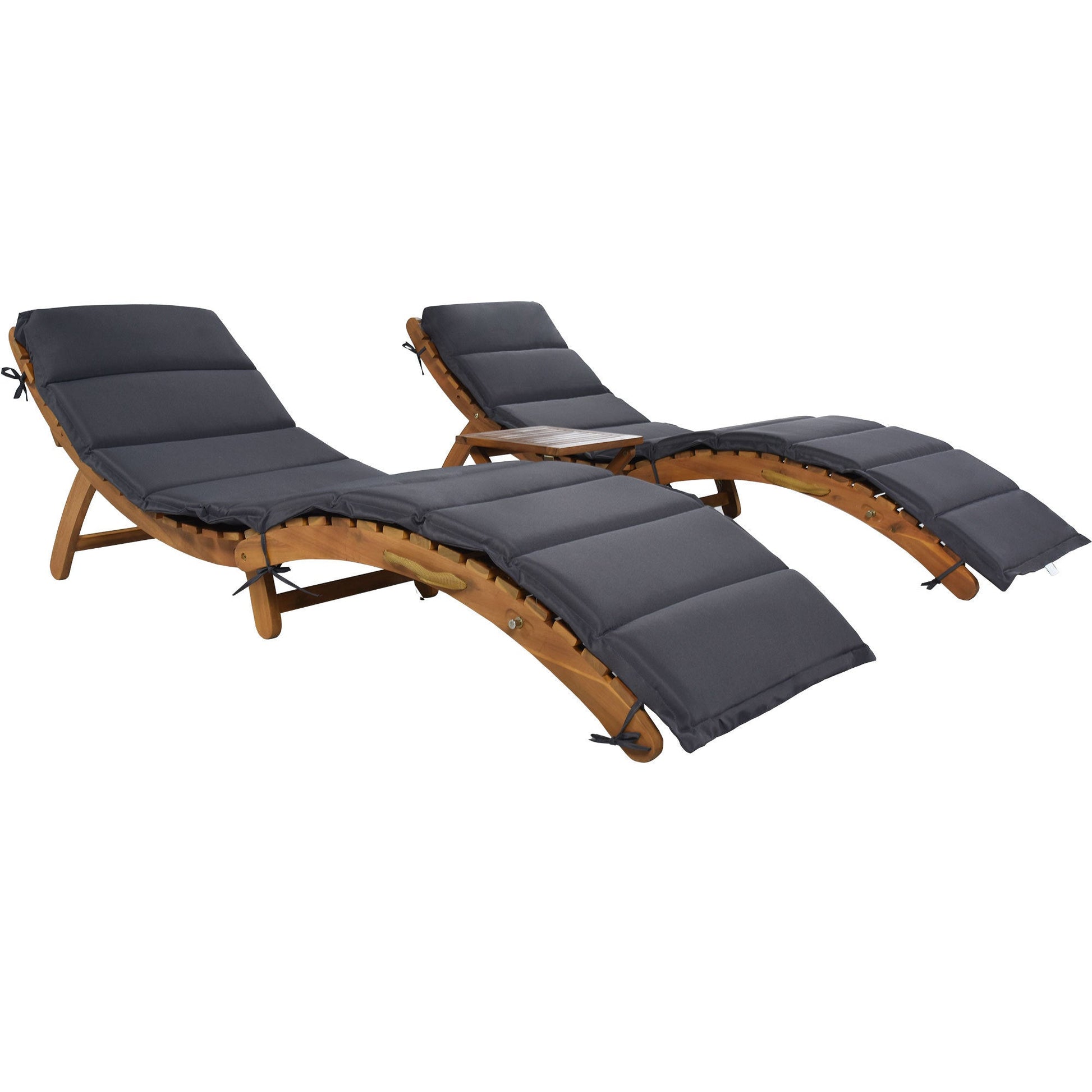 TOPMAX Outdoor Patio Wood Portable Extended Chaise Lounge Set with Foldable Tea Table for Balcony, Poolside, Garden, Brown Finish+Dark Gray Cushion-7