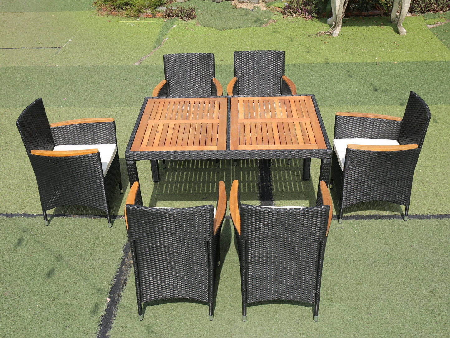 EELIFEE 7-Piece Patio Wicker Dining Set with Acacia Wood Top-16