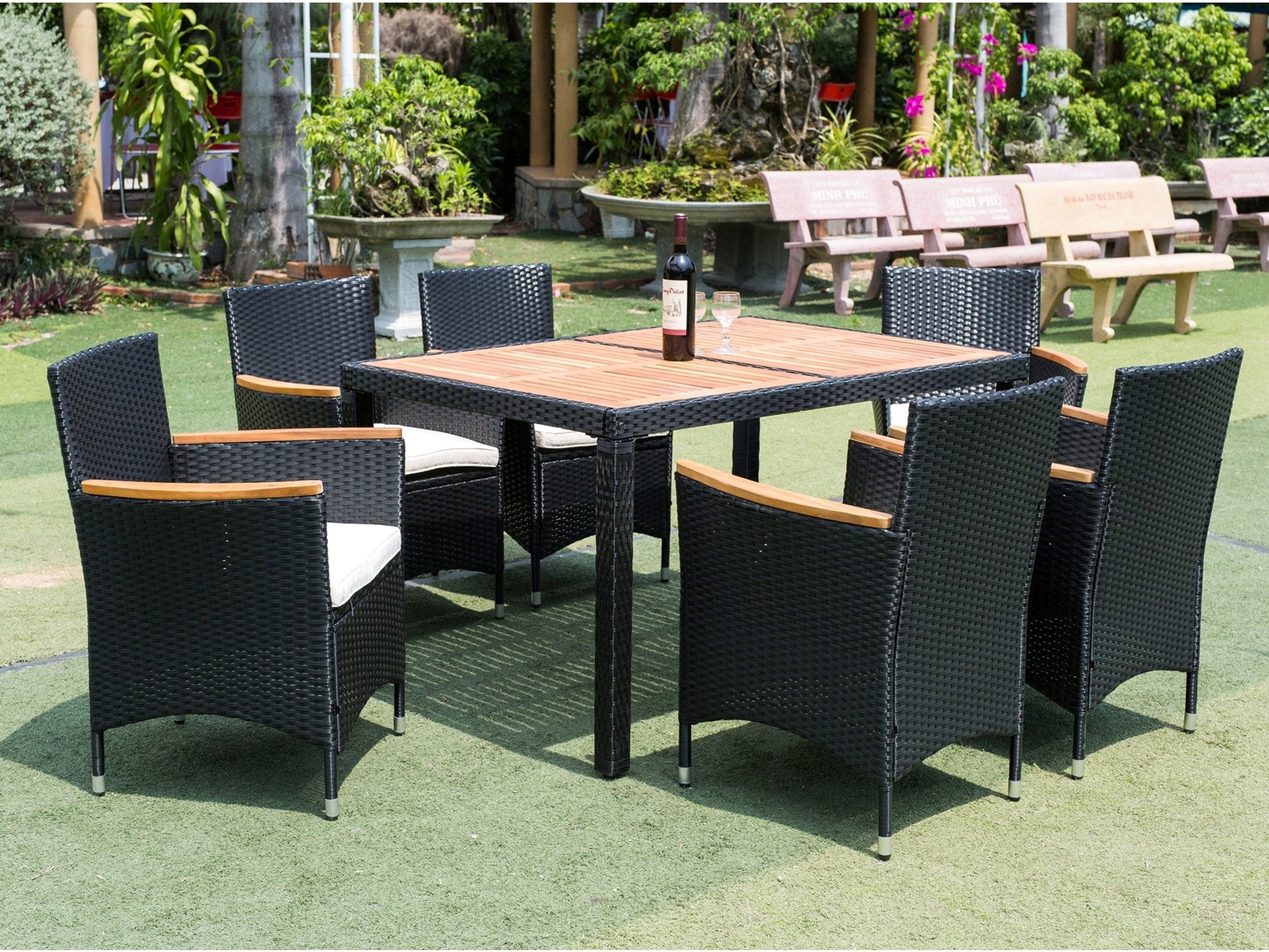 EELIFEE 7-Piece Patio Wicker Dining Set with Acacia Wood Top-4