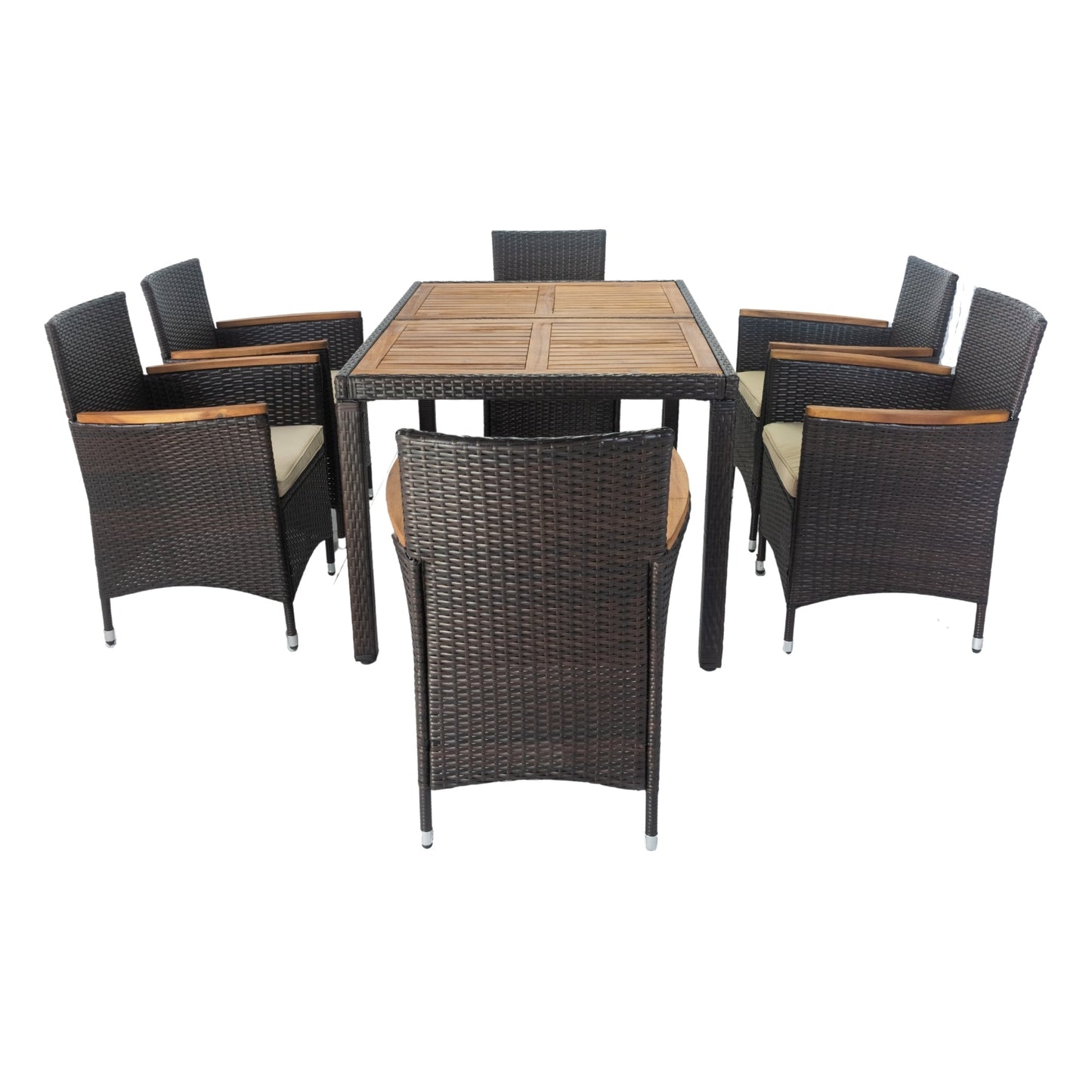 7 piece Outdoor Patio Wicker Dining Set Patio Wicker Furniture Dining Set w/Acacia Wood Top (Brown)-4