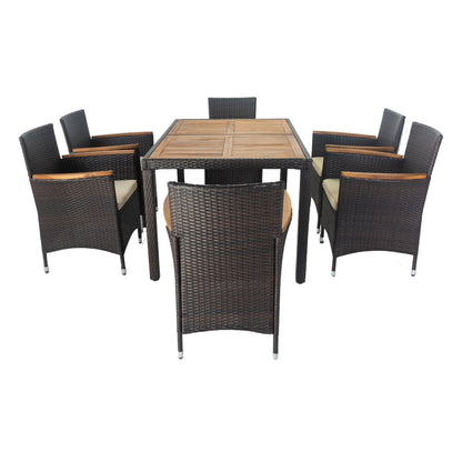 7 piece Outdoor Patio Wicker Dining Set Patio Wicker Furniture Dining Set w/Acacia Wood Top (Brown)-4