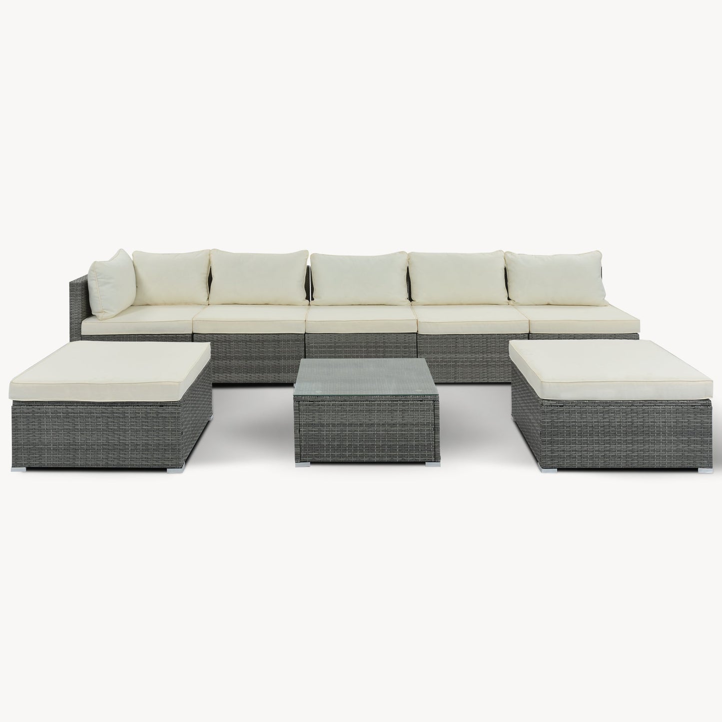 8-Pieces Outdoor Patio Furniture Sets, Garden Conversation Wicker Sofa Set, Single Sofa Combinable, Beige Cushions Gray Wicker-6