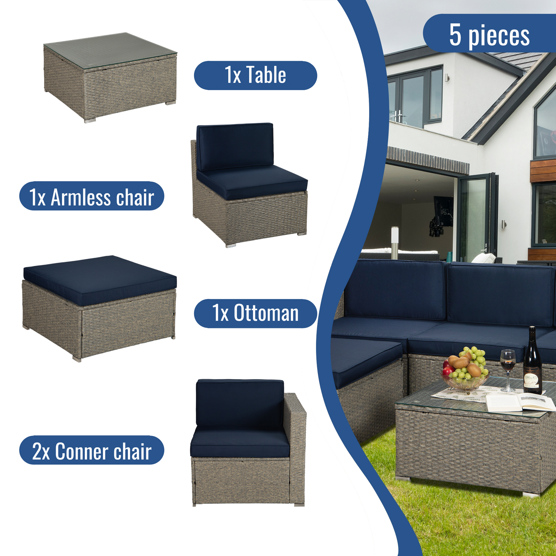 5-Piece Gray Mix Yellow Rattan Wicker Patio Sofa Set (Navy Cushions)-3