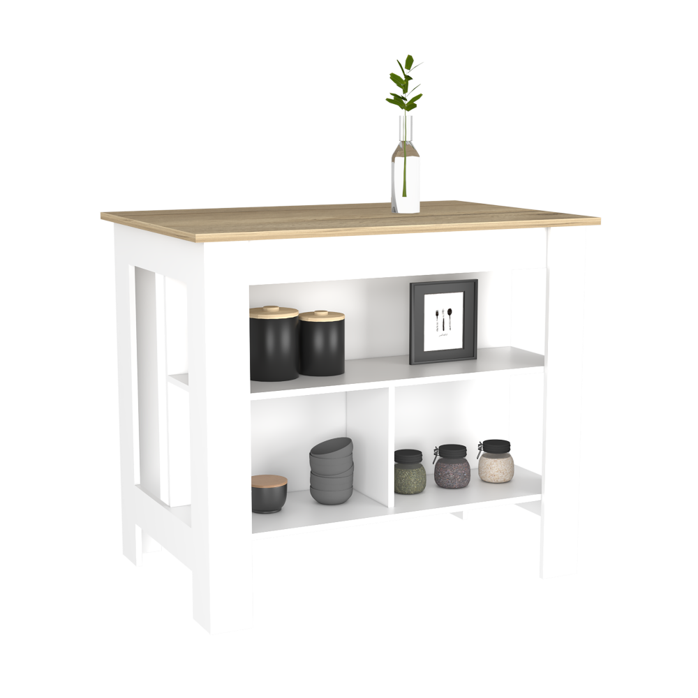 Kitchen Island Dozza, Three Shelves, White / Light Oak Finish-3