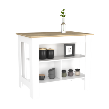 Kitchen Island Dozza, Three Shelves, White / Light Oak Finish-3