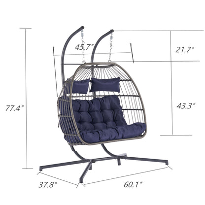 2 Person Outdoor Rattan Hanging Chair Patio Wicker Egg Chair-3