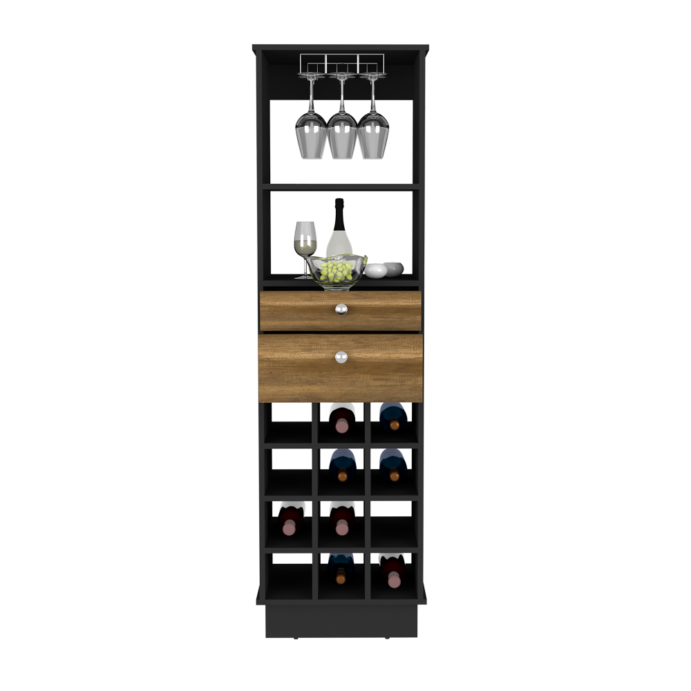 Bar Cabinet Bureck, Two Drawers, Twelve Wine Cubbies, Black Wengue / Walnut Finish-6