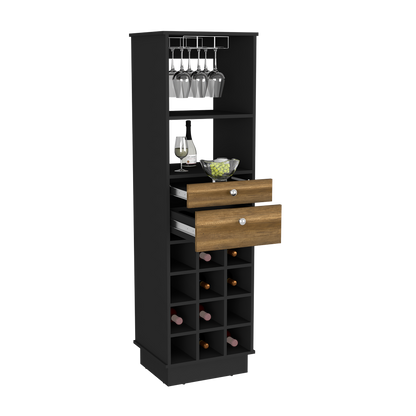 Bar Cabinet Bureck, Two Drawers, Twelve Wine Cubbies, Black Wengue / Walnut Finish-7