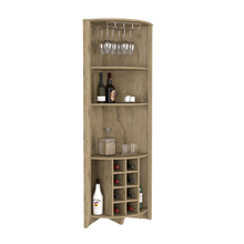 Load image into Gallery viewer, Corner Bar Cabinet  Castle, Three Shelves, Eight Wine Cubbies, Aged Oak Finish-5

