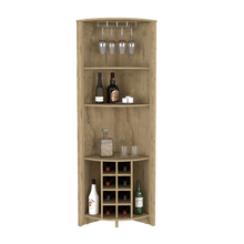 Load image into Gallery viewer, Corner Bar Cabinet  Castle, Three Shelves, Eight Wine Cubbies, Aged Oak Finish-4
