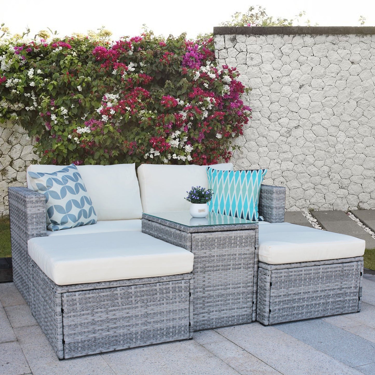 5 Pieces Outdoor Patio Wicker Sofa Set Grey Rattan and Beige Cushion with Weather Protecting Cover-2