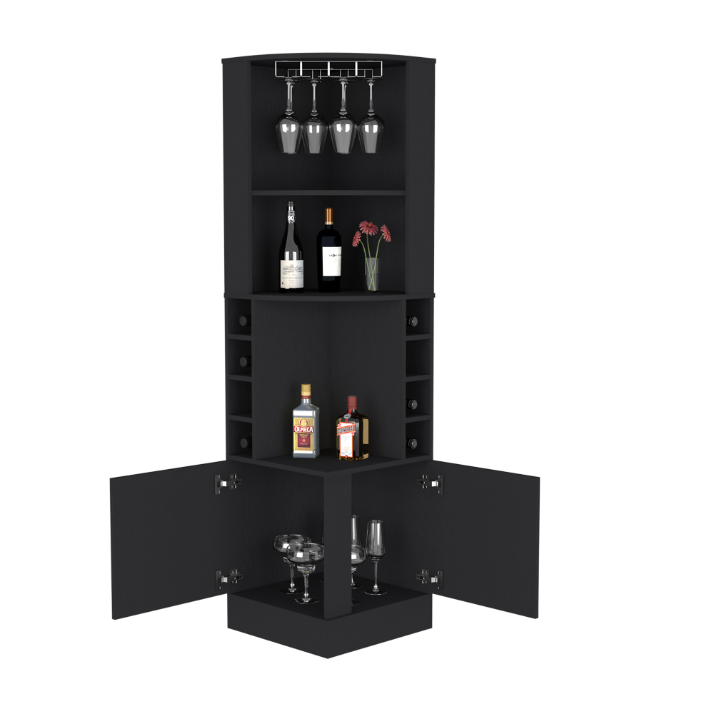 Corner Bar Cabinet Atanasio, 8 Wine Cubbies, Double Door, Black Wengue Finish-5