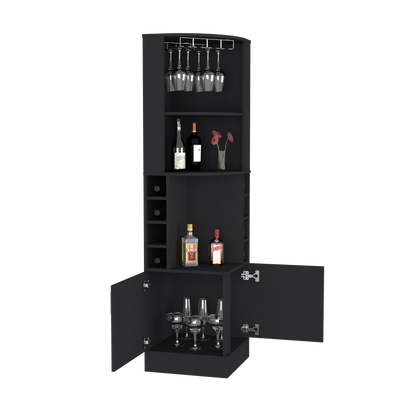 Corner Bar Cabinet Atanasio, 8 Wine Cubbies, Double Door, Black Wengue Finish-4