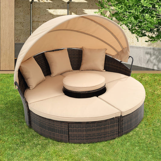 TOPMAX Rattan Round Lounge with Canopy and Lift Coffee Table-0