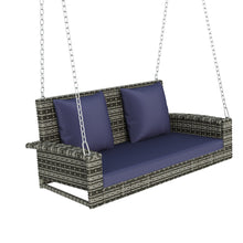 Load image into Gallery viewer, GO 2-Person Wicker Hanging Porch Swing with Chains, Cushion, Pillow, Rattan Swing Bench for Garden, Backyard, Pond. (Gray Wicker, Blue Cushion)-4
