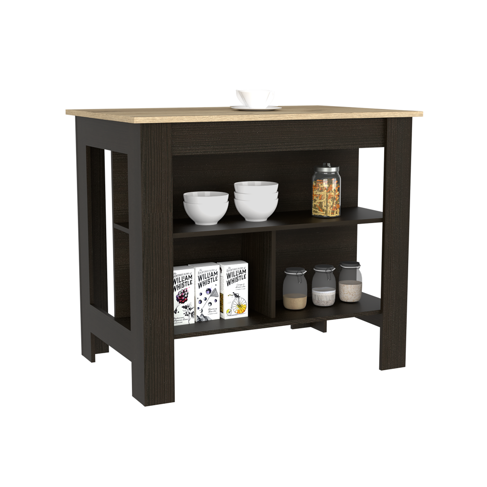 Kitchen Island Dozza, Three Shelves, Black Wengue / Light Oak Finish-3