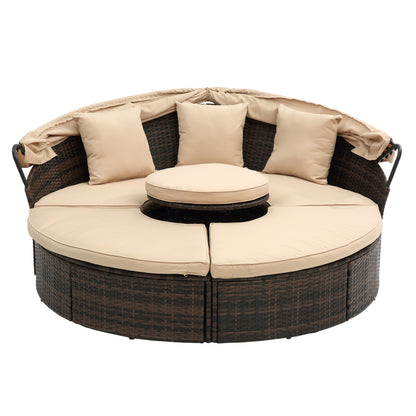 TOPMAX Rattan Round Lounge with Canopy and Lift Coffee Table-2