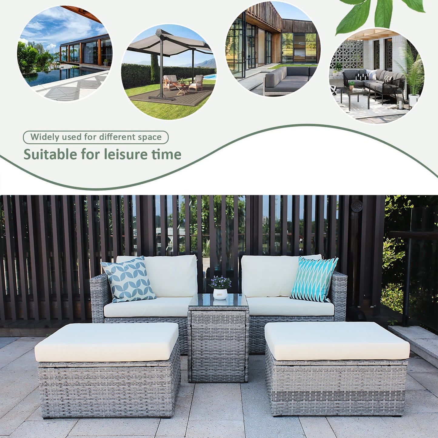 5 Pieces Outdoor Patio Wicker Sofa Set Grey Rattan and Beige Cushion with Weather Protecting Cover-5