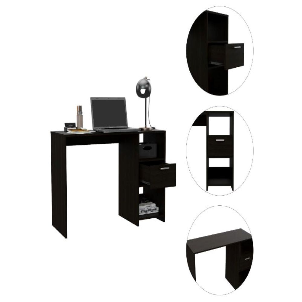 Computer Desk Odessa with Single Drawer and Open Storage Cabinets, Black Wengue Finish-6