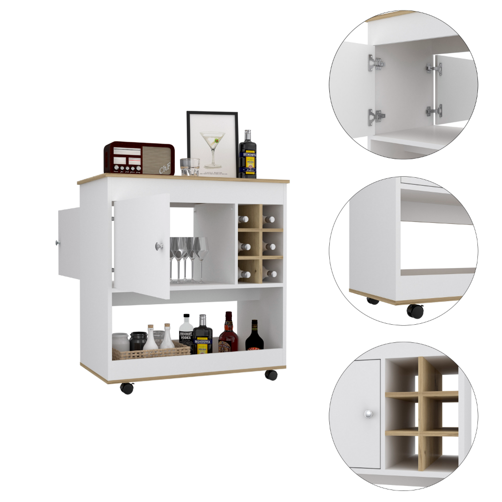 Bar Cart Aloha, Lower Panel, Six Bottle Cubbies, One Cabinet, Light Oak / White Finish-6