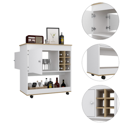 Bar Cart Aloha, Lower Panel, Six Bottle Cubbies, One Cabinet, Light Oak / White Finish-6