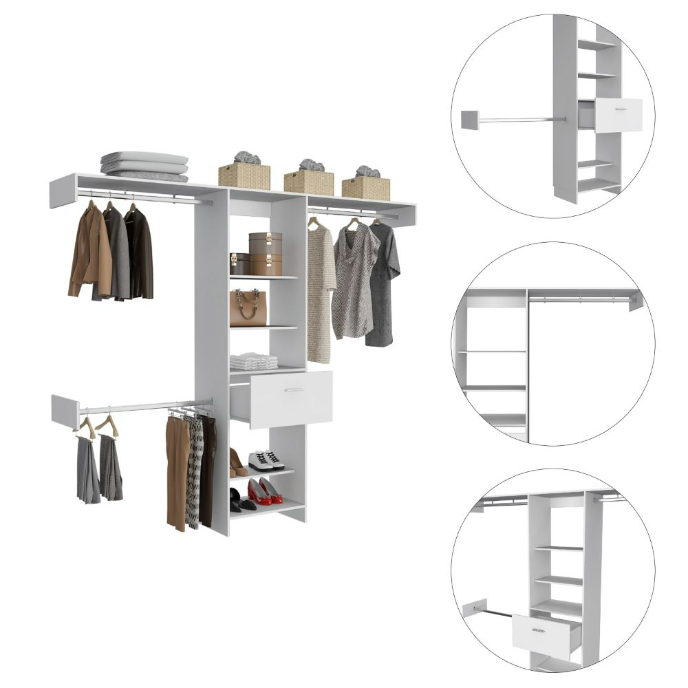 250 Closet System British, One Drawer, Three Metal Rods, White Finish-4