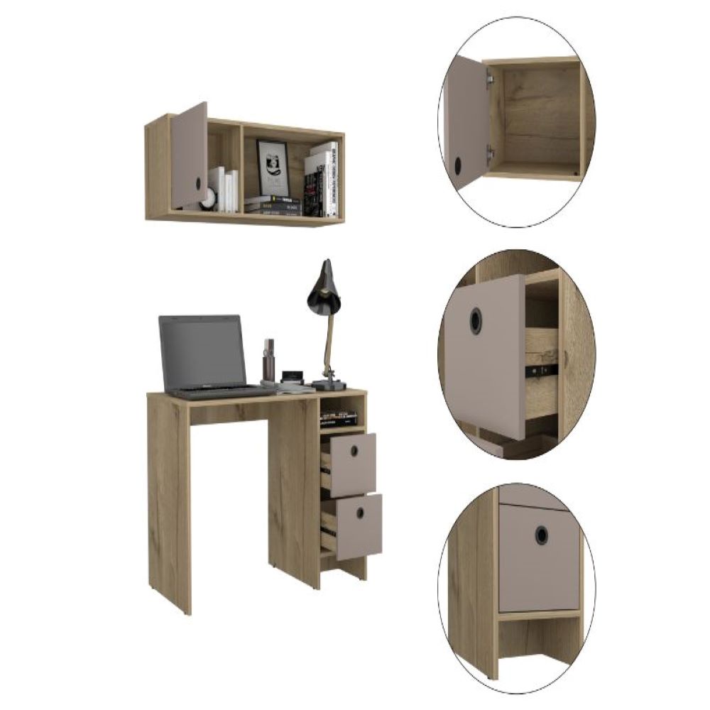 Office Set Budest, Two Drawers, Wall Cabinet, Single Door Cabinet, Light Oak Finish-6