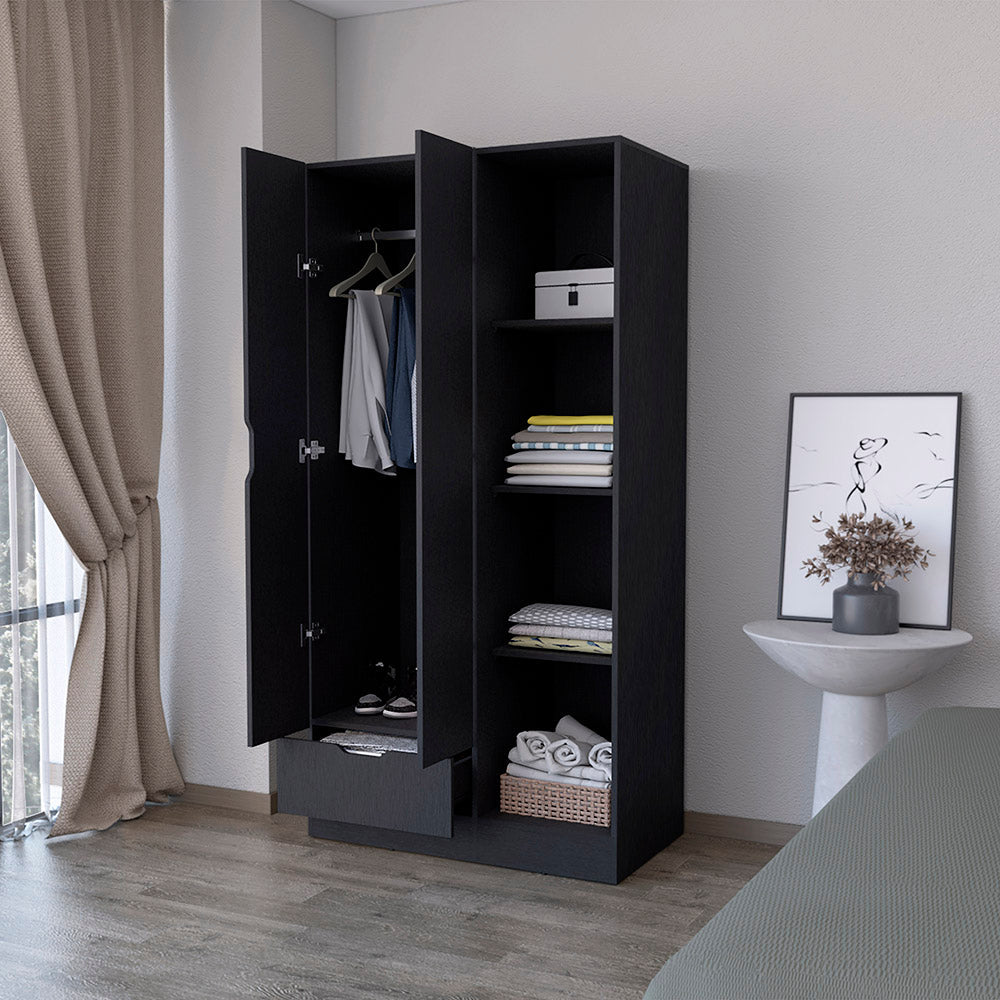 Armoire Dover, 4 Shelves, Drawer and Double Door, Black Wengue Finish-1