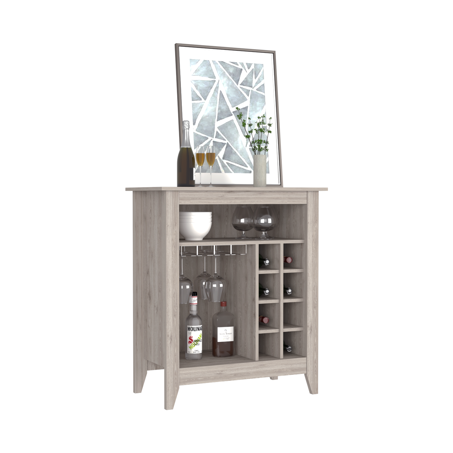 Bar Cabinet Castle, One Open Shelf, Six Wine Cubbies, Light Gray Finish-2