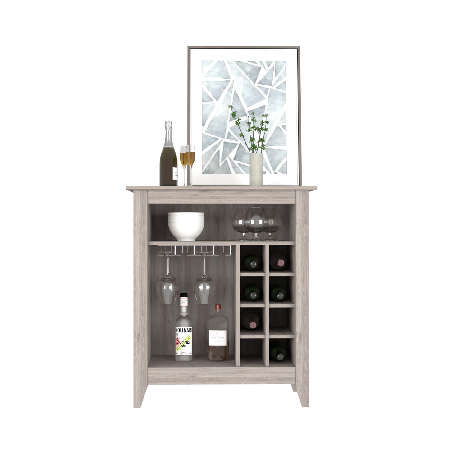 Bar Cabinet Castle, One Open Shelf, Six Wine Cubbies, Light Gray Finish-4