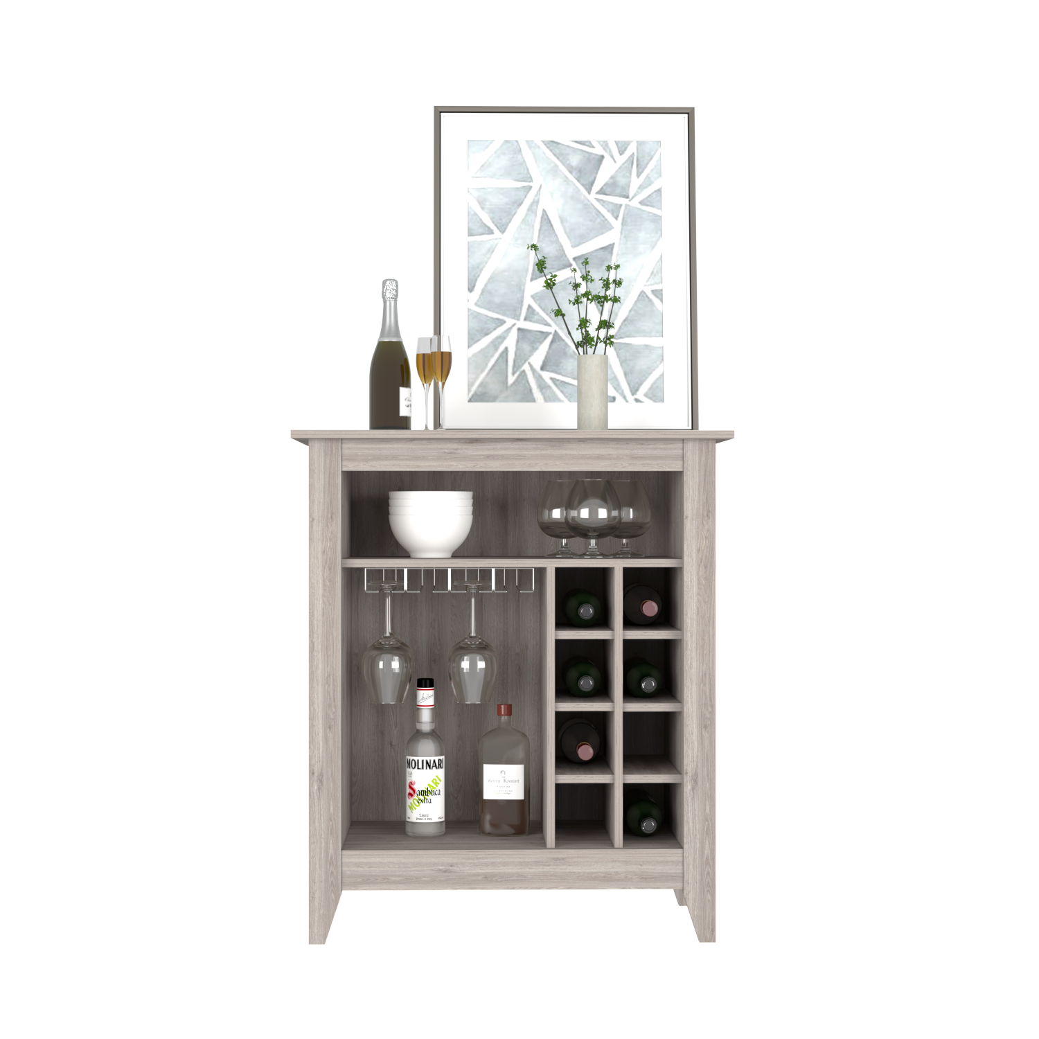 Bar Cabinet Castle, One Open Shelf, Six Wine Cubbies, Light Gray Finish-4