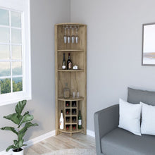 Load image into Gallery viewer, Corner Bar Cabinet  Castle, Three Shelves, Eight Wine Cubbies, Aged Oak Finish-0
