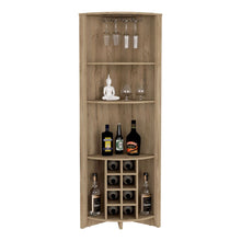 Load image into Gallery viewer, Corner Bar Cabinet  Castle, Three Shelves, Eight Wine Cubbies, Aged Oak Finish-1
