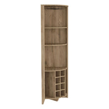 Load image into Gallery viewer, Corner Bar Cabinet  Castle, Three Shelves, Eight Wine Cubbies, Aged Oak Finish-7
