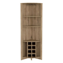 Load image into Gallery viewer, Corner Bar Cabinet  Castle, Three Shelves, Eight Wine Cubbies, Aged Oak Finish-6

