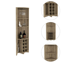 Load image into Gallery viewer, Corner Bar Cabinet  Castle, Three Shelves, Eight Wine Cubbies, Aged Oak Finish-2
