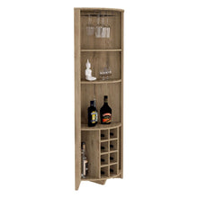 Load image into Gallery viewer, Corner Bar Cabinet  Castle, Three Shelves, Eight Wine Cubbies, Aged Oak Finish-3
