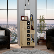 Load image into Gallery viewer, Bar Cart Wells, Four Casters, Six Wine Cubbies, Single Door Cabinet, Light Oak Finish-0
