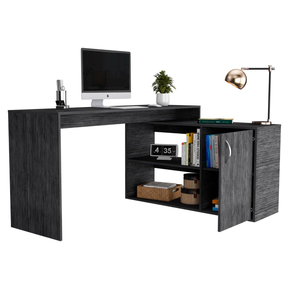 L-Shaped Desk Desti, Single Door Cabinet, Smokey Oak Finish-3