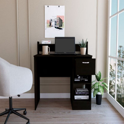 Computer Desk Delmar with Open Storage Shelves and Single Drawer, Black Wengue Finish-1