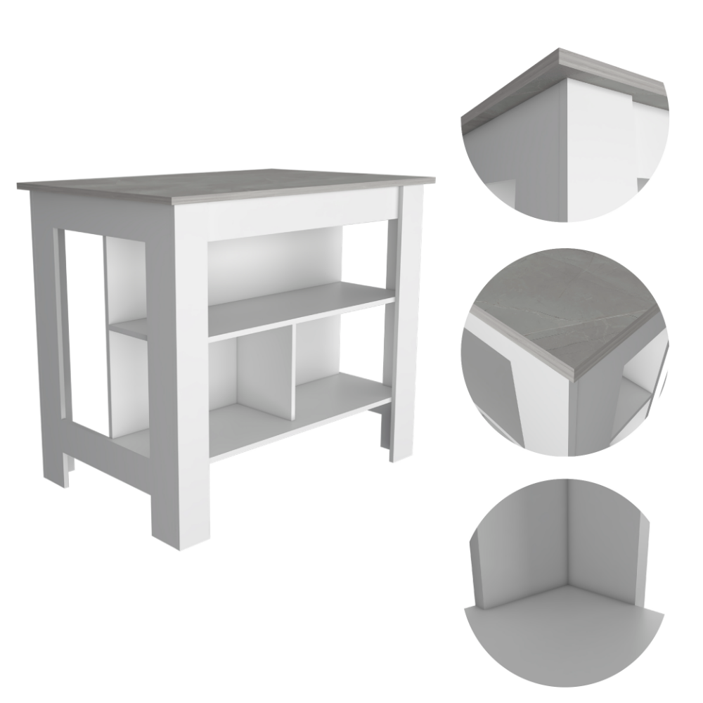 Kitchen Island Dozza, Three Shelves, White / Ibiza Marble Finish-5