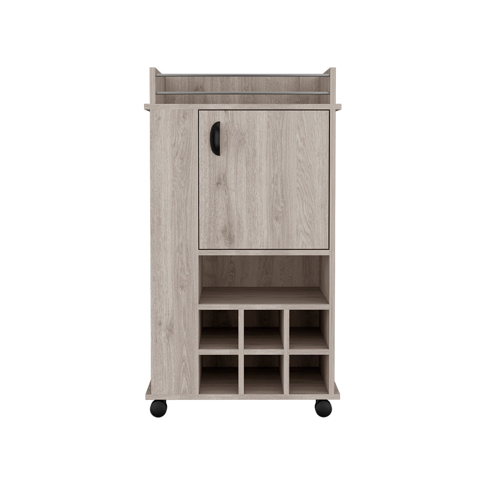 Bar Cart with Casters Reese, Six Wine Cubbies and Single Door, Light Gray Finish-4