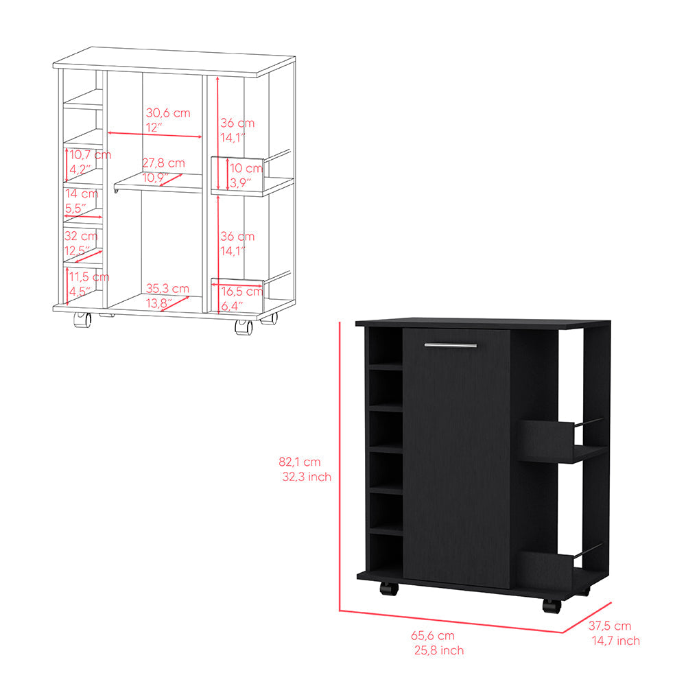 Bar Cart with Six-Wine Cubbies Cabot, Two-Side Storage Shelves and Casters, Black Wengue Finish-6